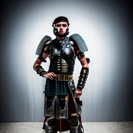 Image similar to full shot photo of a futuristic cyberpunk roman centurion