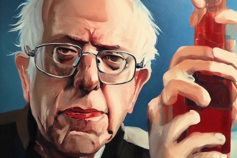 Image similar to Bernie Sanders as gang member, drinking cough syrup, oil on canvas, artstation, portrait, masterpiece, aesthetic