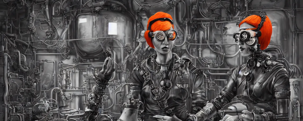 Image similar to detailed ink character concept art 3 / 4 portrait of tattooed stoic heroic emotionless butch blonde woman engineer with short slicked - back hair, wearing dark victorian goggles, wearing orange bandana around neck, working inside reactor room, awkward and uncomfortable and anxious, dirty. industrial space program, scifi, hyper detailed. octane render. trending on artstation