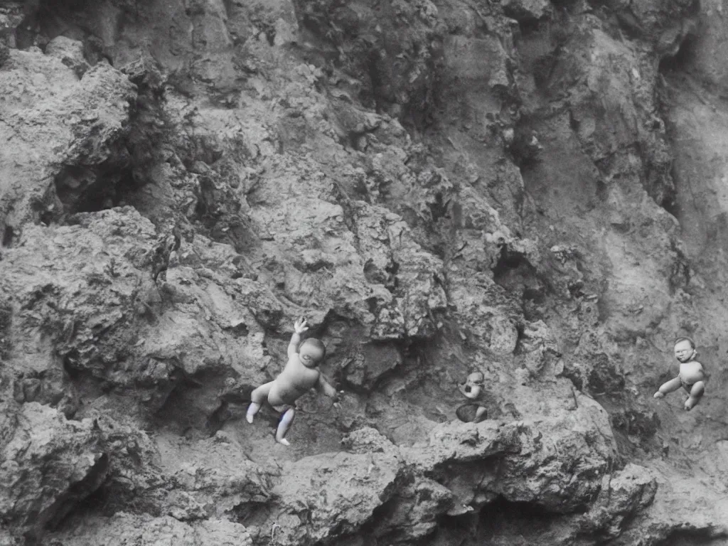 Prompt: a baby diving off a cliff, applauding onlookers