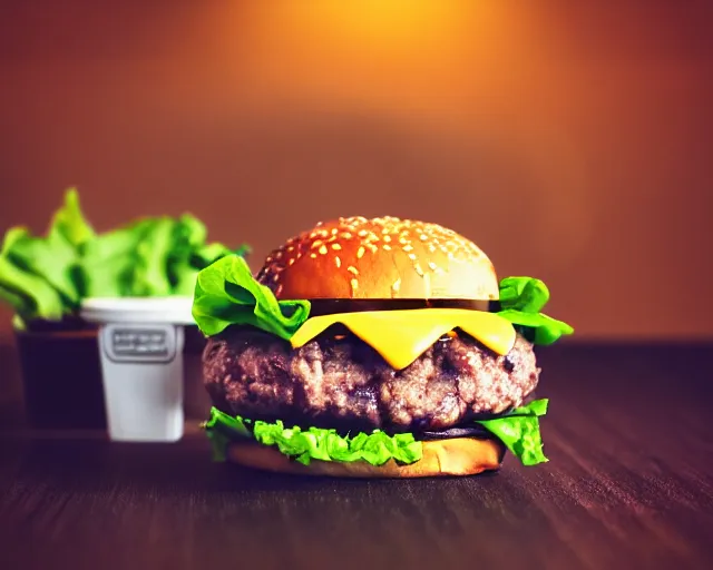 Prompt: juicy burger from a fast food restaurant, depth of field, food photography, uplight, isometric, studio, bokeh, gmaster, cooking, food, kodak, sony, canon