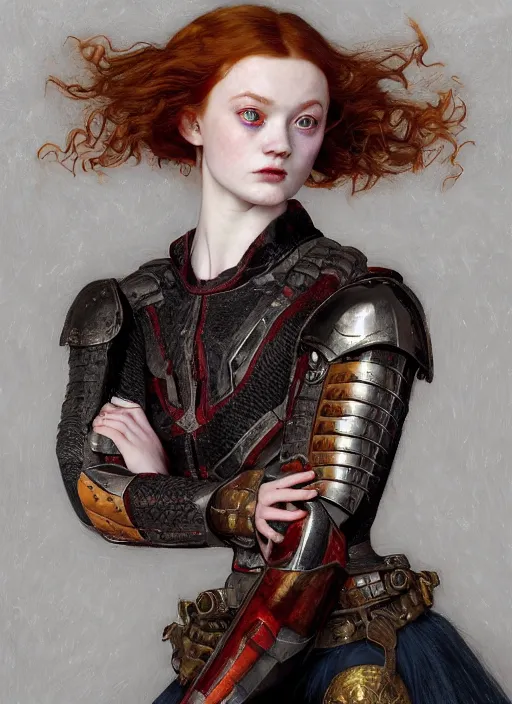 Image similar to sadie sink portrait demon half human, elegant, wearing a bomber jacket, armor, hyper realistic, whitehorns, extremely detailed, dnd character art portrait, fantasy art,, dramatic lighting, vivid colors, artstation, by edgar maxence and caravaggio and michael whelan and delacroix, lois van baarle and bouguereau