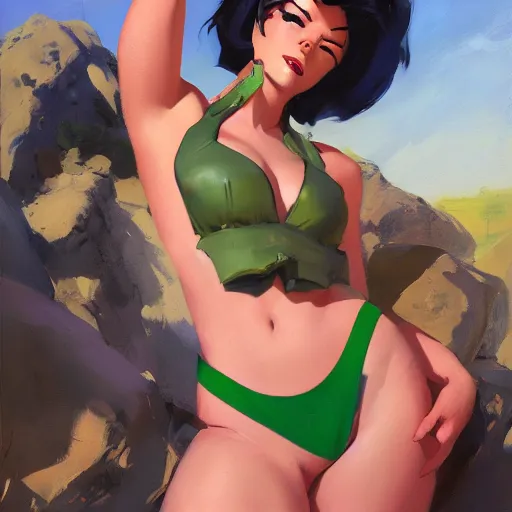 Image similar to pinup overwatch tracer in a green bikini thong, artwork by greg manchess, medium shot, asymmetrical, organic painting, sunny day, matte painting, bold shapes, hard edges, street art, trending on artstation, by huang guangjian and gil elvgren and sachin teng