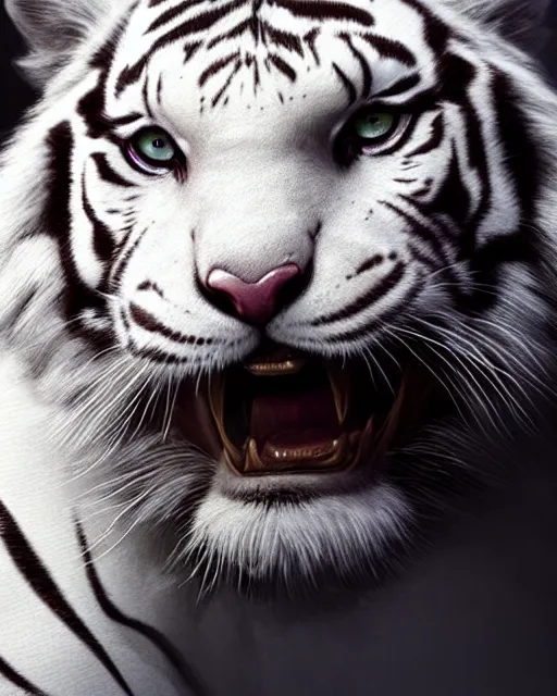 Prompt: A white tiger, highly detailed face, full body, fantasy art, monster art, in the style of greg rutkowski, illustration, epic, fantasy, intricate, hyper detailed, artstation, concept art, smooth, sharp focus, ray tracing