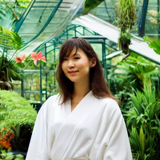 Prompt: a young beautiful woman wearing a white kimono in a tropical greenhouse, photo