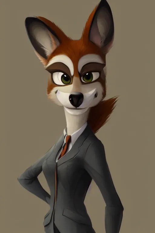 Image similar to matte painting of anthromorphic female wolf, in style of cory loftis, female fursona, furry, furaffinity, 4 k, deviantart, furry art, fursona art, wearing black business suit, business suit, in style of zootopia, wolf fursona, cyberpunk, female, very expressive detailed feminine face,