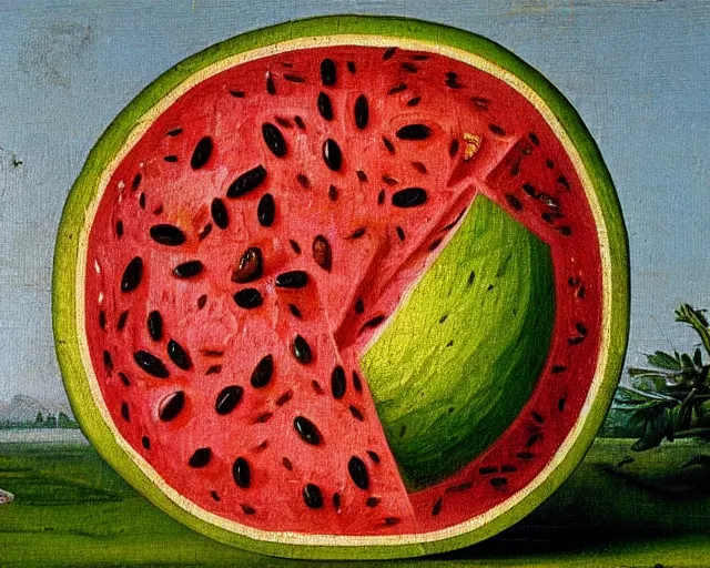 Image similar to a 1 5 th century medieval oil painting of a watermelon with lots of rind and large seeds. high quality scan