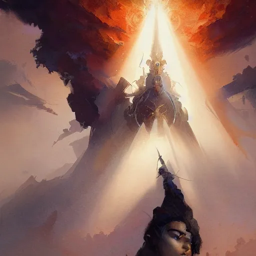 Image similar to god emperess kim yo jong in the style of craig mullins, greg rutkowski, peter mohrbacher, and drew struzan. epic, majestic, awe inspiring, god rays, fissures, divine, church painting, intricate armor, extreme detail, high octane, cartoonish