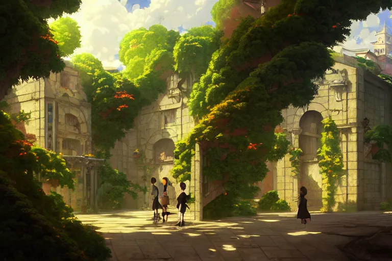 Image similar to baroque oil painting of anime key visual environment concept art of anime hanging gardens of babylon, brutalist, dark fantasy, rule of thirds, digital cel shading, fake hidden detail, trending on pixiv fanbox, acrylic palette knife and brush, style of makoto shinkai studio ghibli genshin impact jamie wyeth james gilleard greg rutkowski