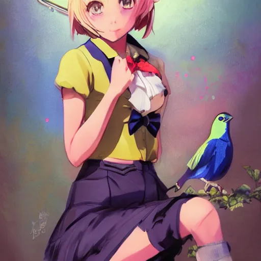 Image similar to colored pencil, anime art, beautiful full body female pinup girl, she is holding an indigo bunting bird, in her hand, the bird is wearing a bowtie, wlop, rossdraws sakimimichan, ilya kuvshinov, krenz cushart, greg rutkowski