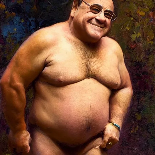 Image similar to Danny Devito with an shredded, toned, inverted triangle body type, painting by Gaston Bussiere, Craig Mullins, XF IQ4, 150MP, 50mm, F1.4, ISO 200, 1/160s, natural light