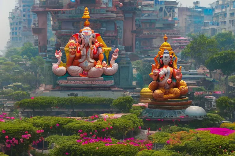 Image similar to beautiful futuristic new delhi, sharp sci - fi ganesha!! building, kalighat flowers, highly detailed cinematic, stephen shore & john j. park, soft morning light, wide shot, high angle, uhd 8 k, rack focus