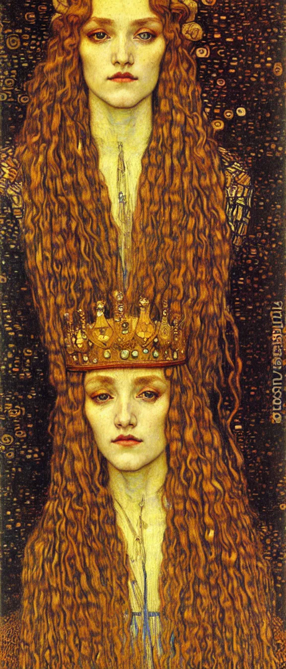 Image similar to detailed realistic beautiful young medieval queen face portrait by jean delville, gustav klimt and vincent van gogh, art nouveau, symbolist, visionary, gothic, pre - raphaelite, muted earthy colors, desaturated