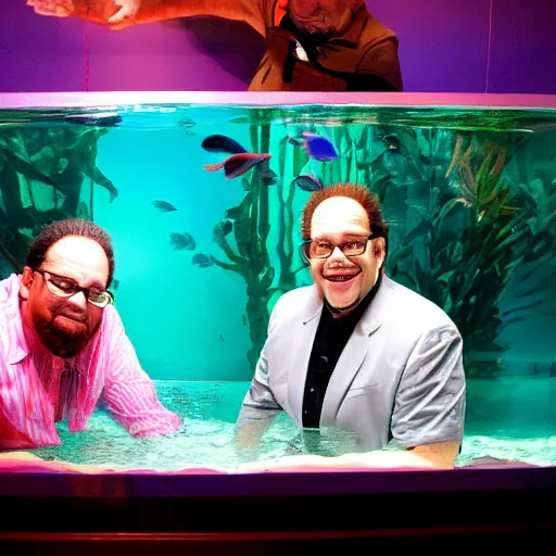 Image similar to penn and teller swimming in a fish tank together