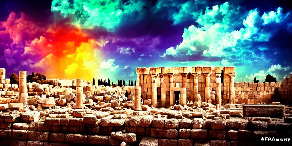 Image similar to spiritual chakra energies in the huge ruins of the second temple in jerusalem, dreamy sky, the third temple hovers quietly hiding in the sky above, very colorful painting 8 k trending on art station, intricate superb details, digital art, cinematic lighting, volumetric lighting, photographic, blur bokeh defocus dof sky by afremov, award winning masterpiece.