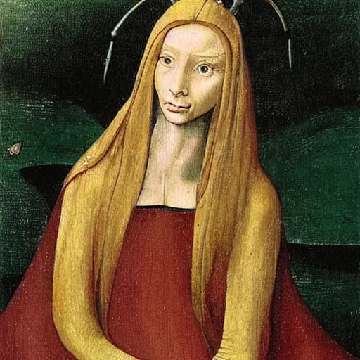 Image similar to a painting of a beautiful woman with long hair and jackal ears in the style of hieronymus bosch