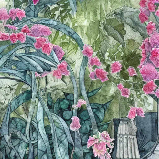 Image similar to delicate marble in a botanic garden, stony, puffy clouds, botanical herbarium paper, watercolor colored painting and pencil, iridescent colors, 8 k, realistic shaded, fine details, artstation, italian, colonnade, vines, flowers, gardena architecture, pompeii