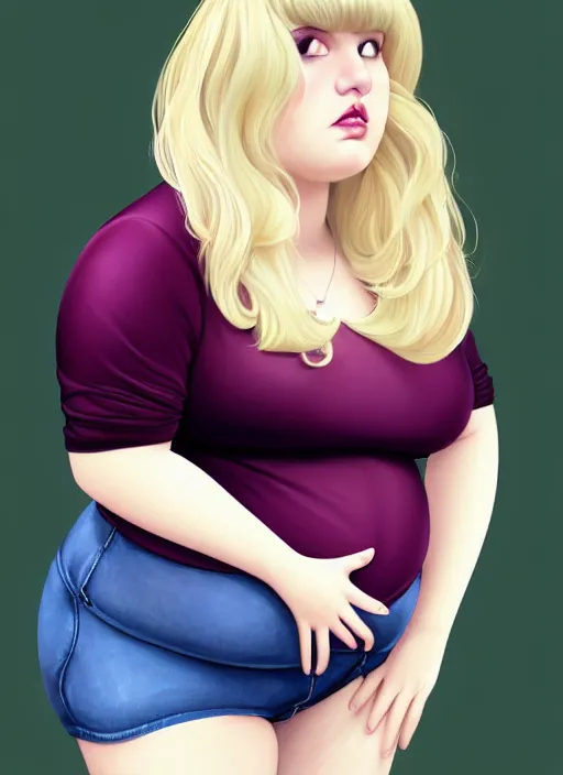 Image similar to full body portrait, teenage betty cooper, blonde hair, obese, bangs, ponytail, sultry, realistic, sultry smirk, fluffy bangs, curly bangs, fat, belly, beautiful girl, intricate, elegant, highly detailed, digital painting, artstation, concept art, smooth, sharp focus, illustration, art by wlop, mars ravelo and greg rutkowski