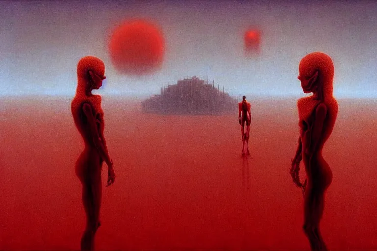 Image similar to only with red, red god of death eat apple, a futuristic city on mars in the background, red worms on the floor, in the style of beksinski, part by hopper, part by rodcenko, part by hofbauer, intricate composition, red by caravaggio, insanely quality, highly detailed, masterpiece, red light, artstation, 8 k