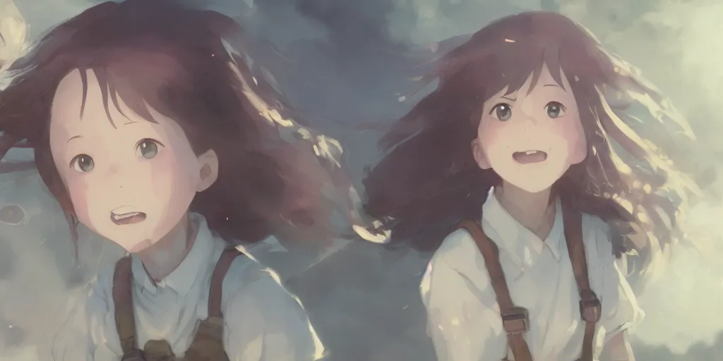 Image similar to a girl with a happy face wakes up in the morning, close up shot from the top, anime art, Greg Rutkowski, studio ghibli, dramatic lighting