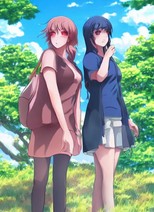 Image similar to two beautiful women under a blue sky, casual summer clothes, gorgeous faces, thick lines, cinematic lighting, detailed anime art