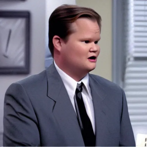 Prompt: tv screenshot, of andy richter, wearing navy suit and necktie, and black shoes, in comedy drama ( 2 0 0 3 ), tv scanlines