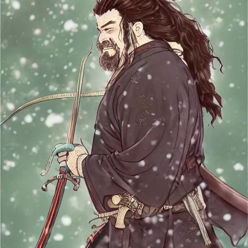 Image similar to detailed portrait of hagrid samurai with swords and steampunk rifles, in snow forest sakura cherry blossom, hakama kimono, trending on artstation elite, elegant, luxury, by krenz cushart, junji ito, takato yamamoto, perfect face, fine details, realistic shaded, fine - face, pretty face