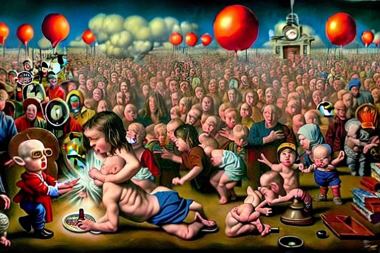 Image similar to a sparsely populated strange battle in an old hospital between old people and babies Robert Williams Mark Ryden and Alex Gross, Todd Schorr highly detailed deep perspective perfect composition