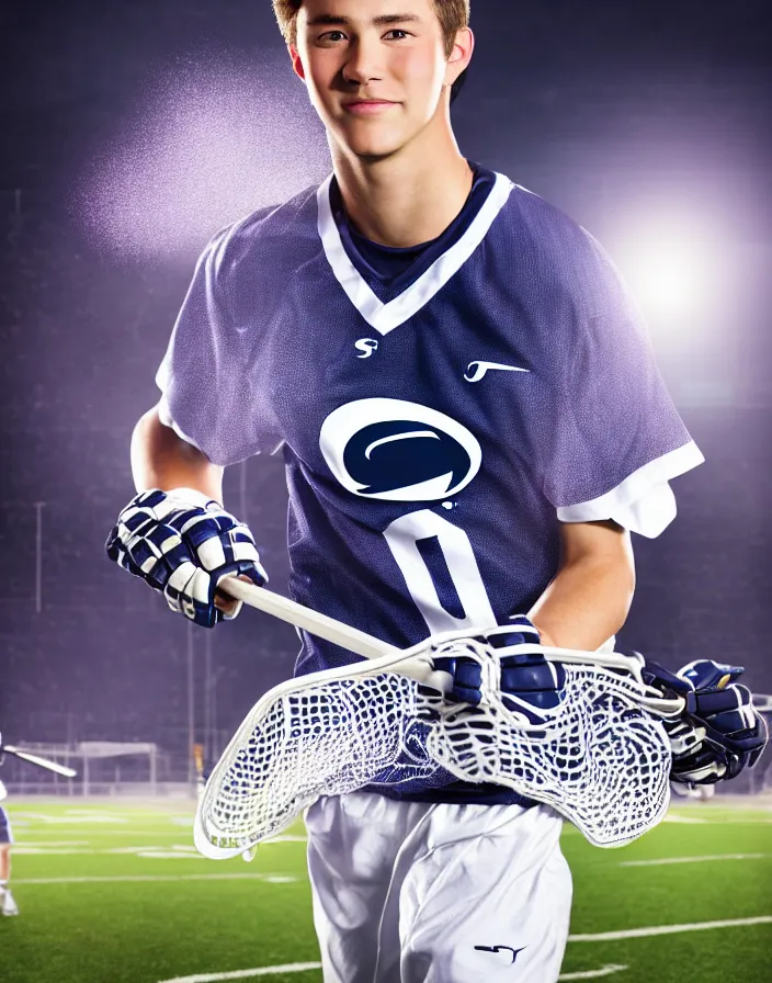 Image similar to closeup portrait of very beautiful cute male lacrosse player in a penn state stadium, glamour pose, particle effects, backlit, highly detailed, soft ambient lighting, sharp focus, rule of thirds, artgerm, wlop, arney freytag, rossdraws, frank frazetta, andrei riabovitchev, hd, octane, 4 k