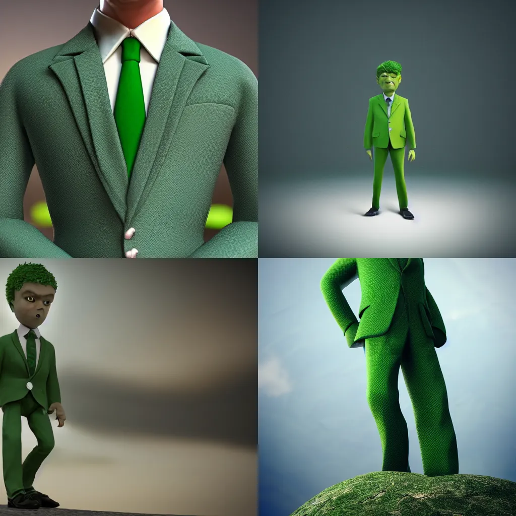 Prompt: a very small green giant in a suit, hyper realism, cinematic, high detail, 8k, octane render, depth of field