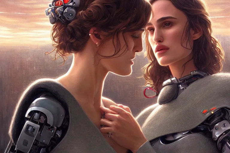 Prompt: Ultra realistic illustration, Keira Knightley and Natalie Portman kissing a robot, cyberpunk, sci-fi, fantasy, intricate, elegant, highly detailed, digital painting, artstation, concept art, smooth, sharp focus, illustration, art by artgerm and greg rutkowski and alphonse mucha