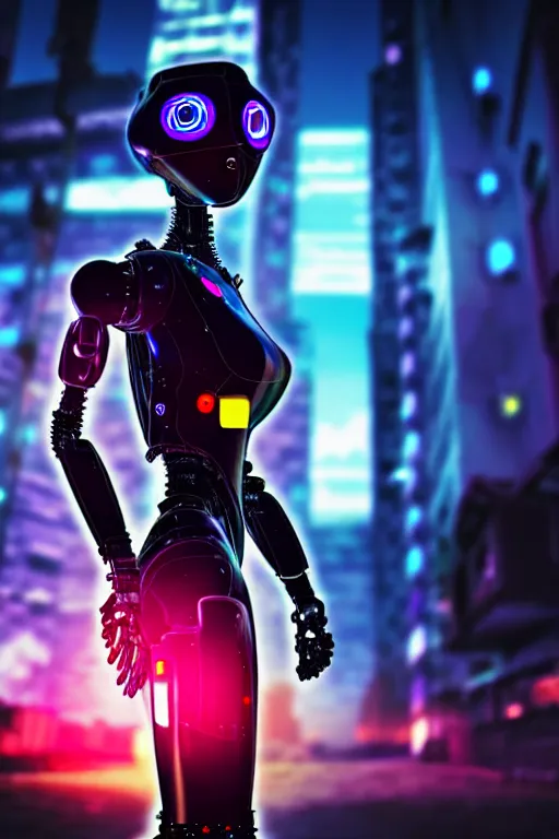 Prompt: a photo close up cyberpunk robot - girl stands in a cyberpunk cambodian street, at night, photorealistic, cinematic lighting, very detailed, style by tomino - sama