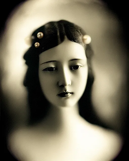 Image similar to [ [ [ [ [ [ tintype ] ] ] ] ] ] black and white dreamy young beautiful veiled female artificial intelligence, realistic pearl ornament in the face, long hair are intricate with highly detailed realistic pearls, cinematic, rim light, bokeh, photo - realistic, elegant, high detail, 8 k, masterpiece, photo taken in 1 9 3 0