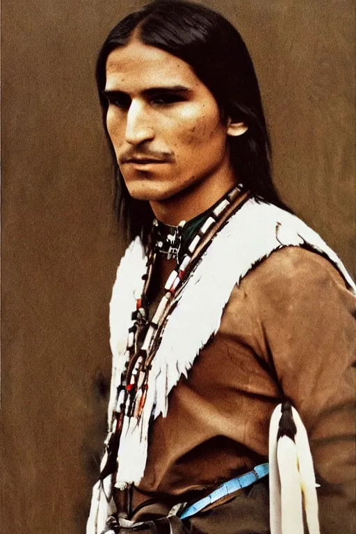 Image similar to Photo of Native American indian man Steve Jobs, portrait, skilled warrior of the Apache, ancient, realistic, detailed, Emma Watson