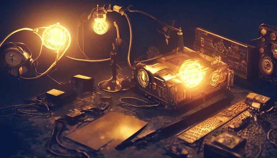 Prompt: A glowing electrical Steampunk videogame console with hand controllers in a victorian museum, james gurney, cinematic lighting, lots of steam and sparks, wires made of copper, artstation, vibrant nature, Tuomas Korpi, tekkon kinreet, volumetric light, artstation, , octane render, redshift render, low angle camera, rich deep moody colors