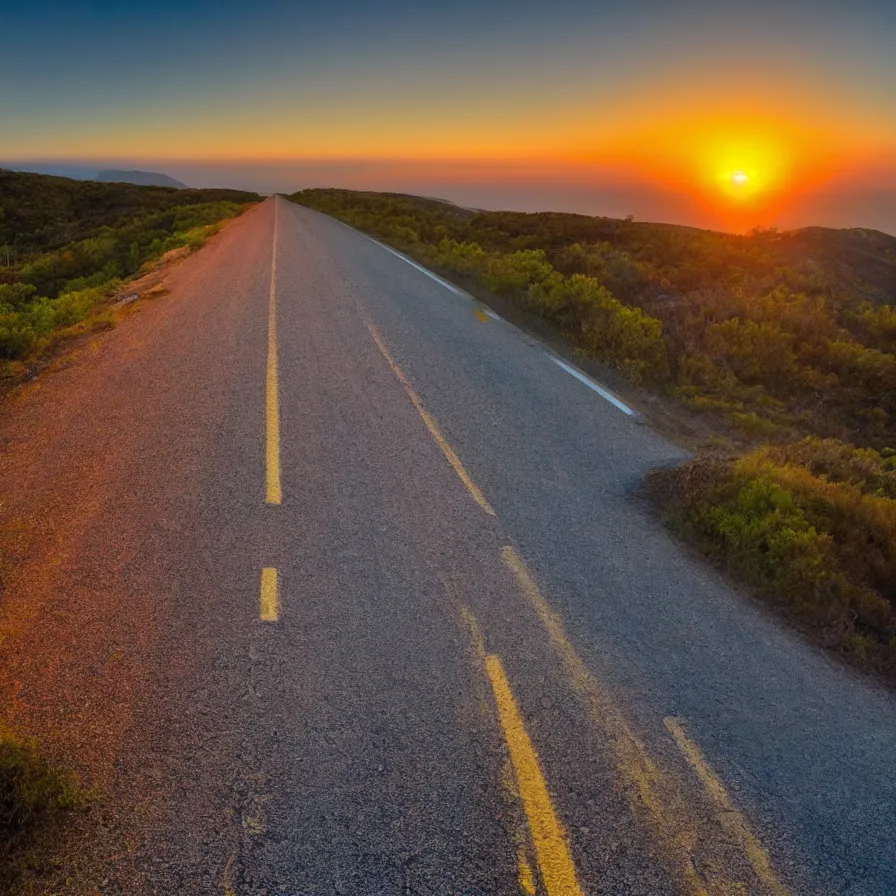 Image similar to a highway road leading to the horizon down a rocky mountain coast, the sunset is a pulsating heart of light. atmospheric good vibes