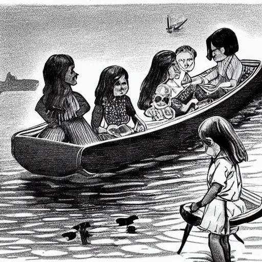 Image similar to The installation art depicts a group of well-dressed women and children enjoying a leisurely boat ride on a calm day. The women are chatting and laughing while the children play with a toy boat in the foreground. children's illustration, 1970s grainy vintage illustration by Tony Oursler, by Georges de La Tour magnificent