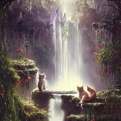 Image similar to two kittens watching the waterfall in the enchanted forest, fantasy, intricate, extremely detailed, matte, artstation, art by greg rutkowski, louis wain, alan lee