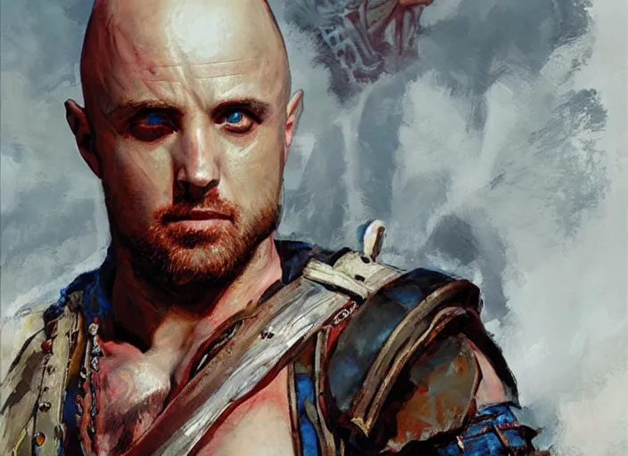 Image similar to a highly detailed beautiful portrait of jesse pinkman as kratos, by gregory manchess, james gurney, james jean