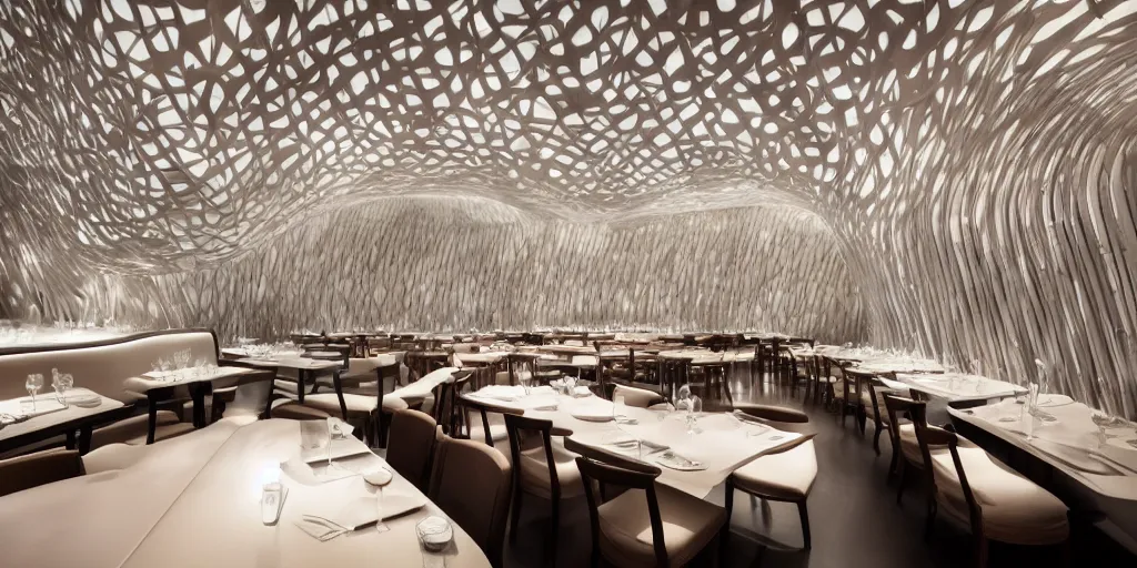 Prompt: interior of a restaurant designed by zaha hadid, architecture, interior design, photography