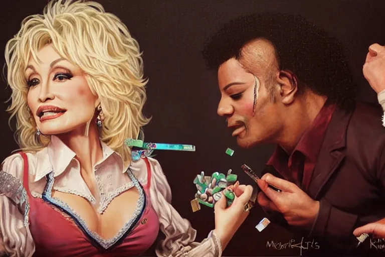 Image similar to portrait of dolly parton removing chewing gum from michael jacksons hair, an oil painting by ross tran and thomas kincade