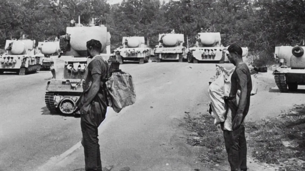 Image similar to old historic photograph of a single person in white shirt, holding white grocery bags, standing on the road facing four battle tanks approaching him