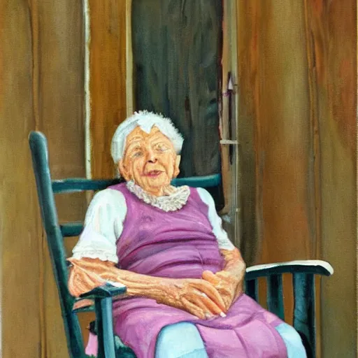 Image similar to painting of an elderly woman sitting in a rocking chair on a porch, appalachian folk art