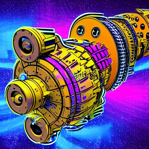 Image similar to sticker of a rock band, name is tripmachine, on the sticker is a 3 d render of a huge futuristic steampunk generator with gears and trippy tubes, 8 k, fluorescent colors, halluzinogenic, multicolored, exaggerated detailed, silk screen art