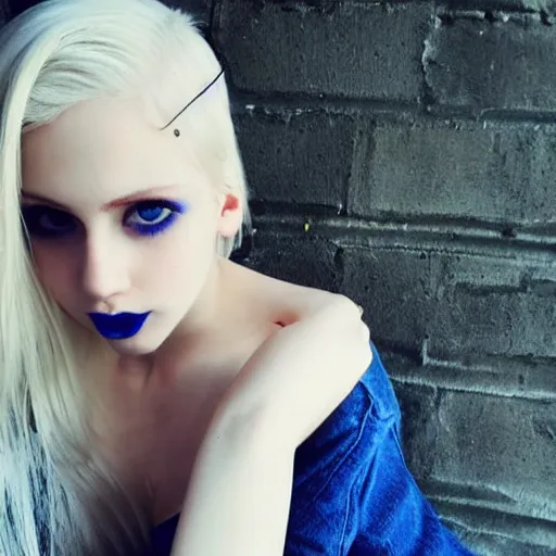 Prompt: photoshoot portrait of a teen emo girl, blonde and blue hair, flawless features, pale skin, beautiful beautiful beautiful instagram selfie, tyftt, prime
