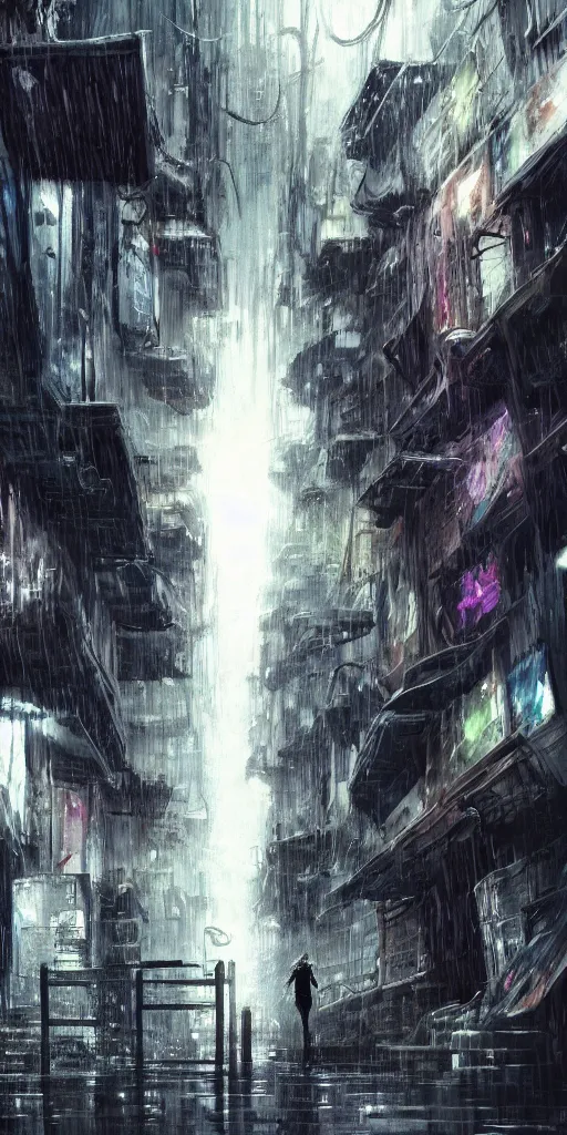 Prompt: a concept art landscape of a woman in the foreground, back to camera, standing in a claustrophobic alley of seedy futuristic city, standing in the rain with an umbrella, wet, emphasis on tall buildings, dirty, low angle