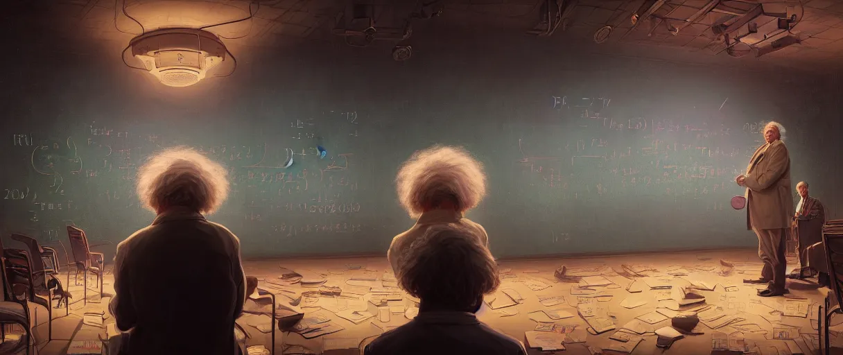 Prompt: portrait of albert einstein in a auditorium with blackboard full of complex equations - cinematic volumetric lighting - art, by wlop, james jean, victo ngai! muted colors, very detailed, art fantasy by craig mullins, thomas kinkade cfg _ scale 8