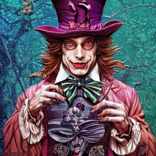 Image similar to portrait of the mad hatter, symmetrical, by yoichi hatakenaka, masamune shirow, josan gonzales and dan mumford, ayami kojima, takato yamamoto, barclay shaw, karol bak, yukito kishiro