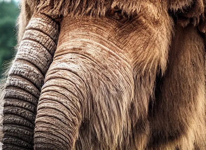Image similar to extreme closeup of a very wooly brown hairy mammoth, elephant, mastodon, mammoth, detailed fur, zoo photography, National Geographic, HD,