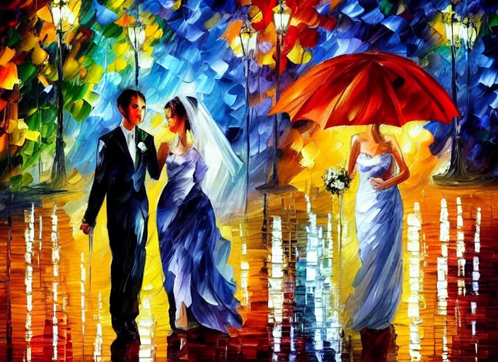 Image similar to A romantic wedding couple with umbrella, groom , bride, painting by Leonid Afremov